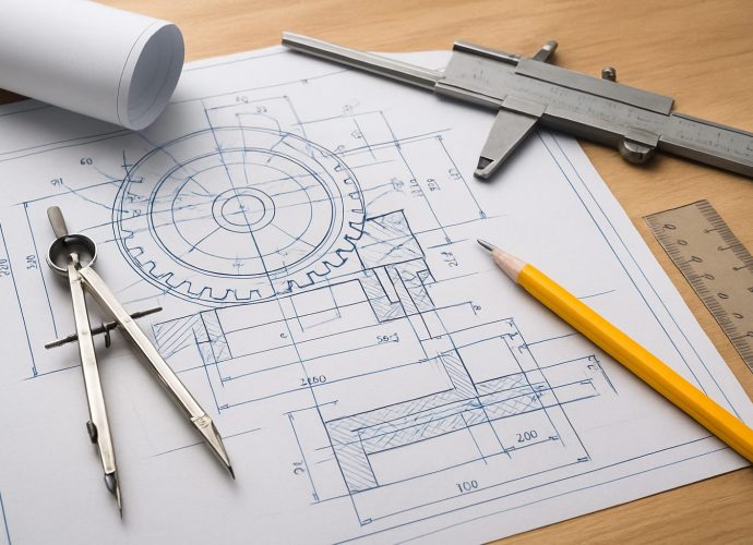 A detailed engineering blueprint with drafting tools, including a compass and caliper, on a wooden surface.