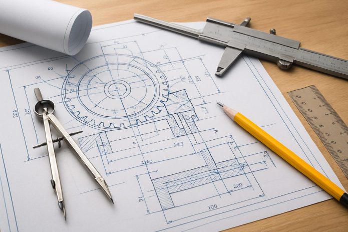 A detailed engineering blueprint with drafting tools, including a compass and caliper, on a wooden surface.