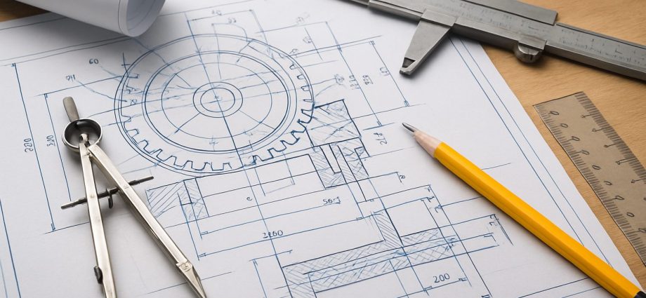 A detailed engineering blueprint with drafting tools, including a compass and caliper, on a wooden surface.