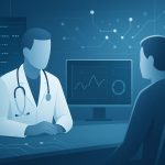 Illustration of a doctor consulting with a patient in a high-tech environment featuring a computer display