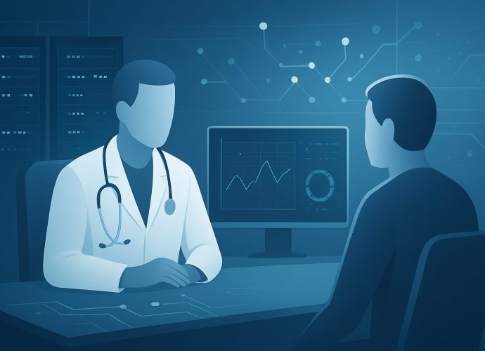 Illustration of a doctor consulting with a patient in a high-tech environment featuring a computer display
