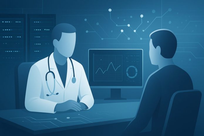 Illustration of a doctor consulting with a patient in a high-tech environment featuring a computer display