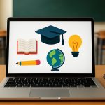 A laptop displaying icons related to education, including a graduation cap, book, globe, pencil, and light bulb, surroun