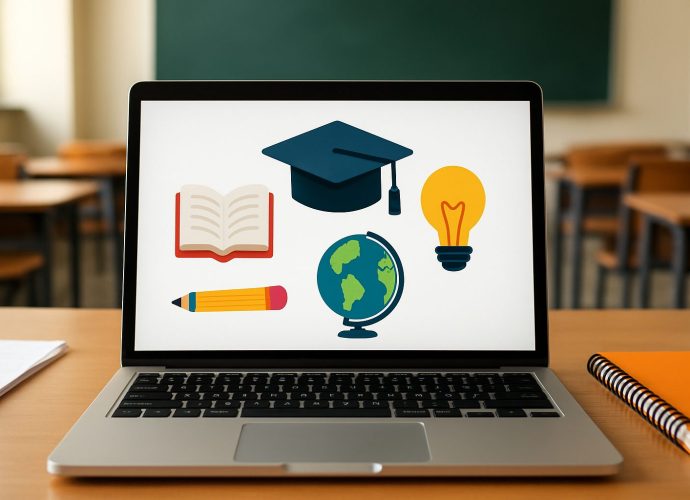 A laptop displaying icons related to education, including a graduation cap, book, globe, pencil, and light bulb, surroun
