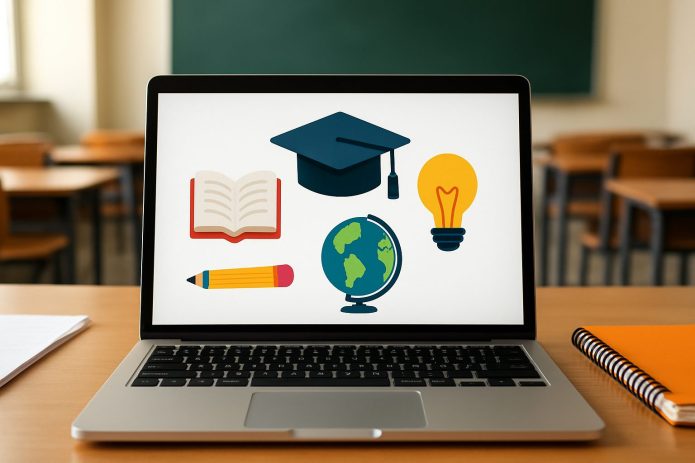 A laptop displaying icons related to education, including a graduation cap, book, globe, pencil, and light bulb, surroun