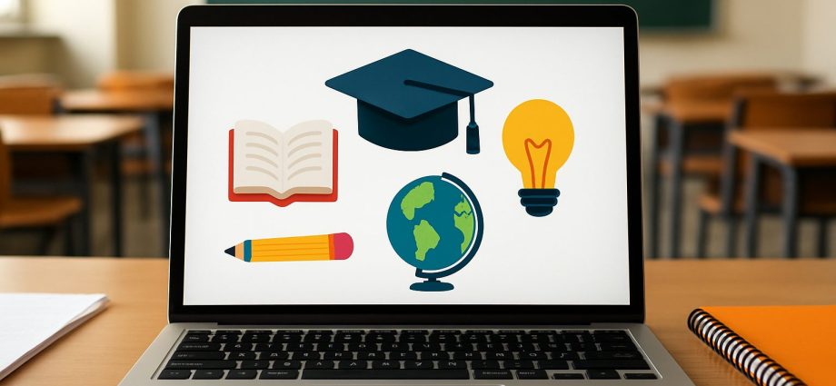 A laptop displaying icons related to education, including a graduation cap, book, globe, pencil, and light bulb, surroun